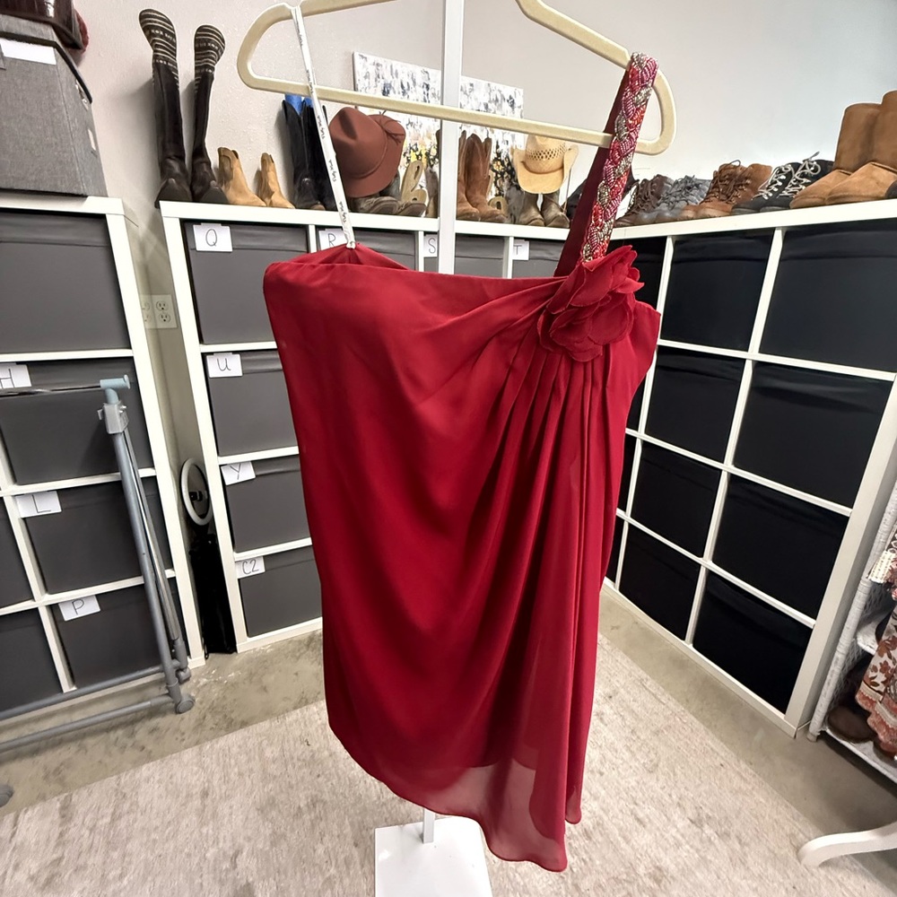 Pretty Maids One Shoulder Beaded Strap Cocktail Scarlet Mini Dress Vintage
